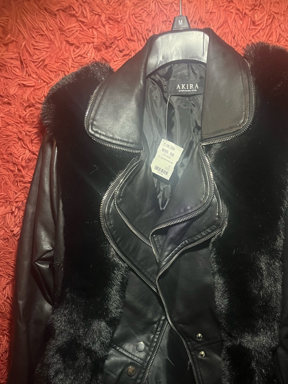 AKIRA Black Faux Fur Trim Leather-Look Moto Jacket XL NWT